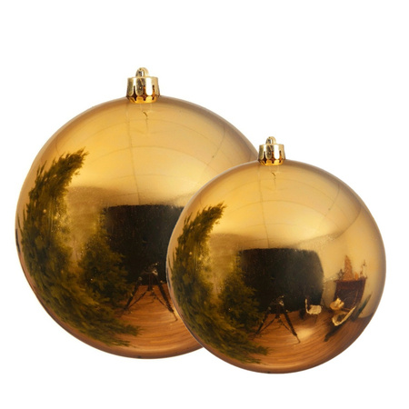 Grote kerstballen 2x stuks goud 14 en 20 cm kunststof