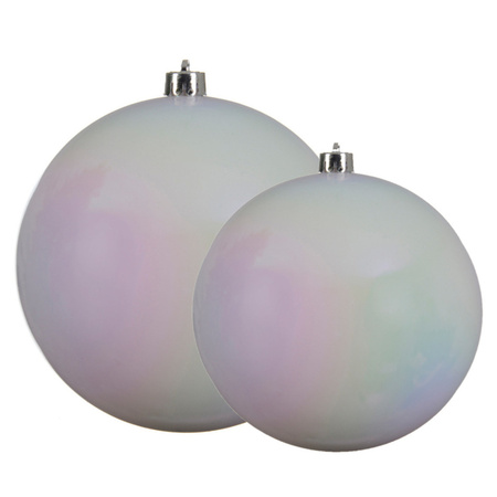 Grote kerstballen 2x stuks parelmoer wit 14 en 20 cm kunststof