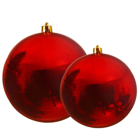 Grote kerstballen 2x stuks rood 14 en 20 cm kunststof