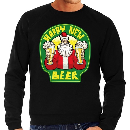 Grote maat foute oud en nieuw trui / kersttrui happy new beer / bier zwart voor heren