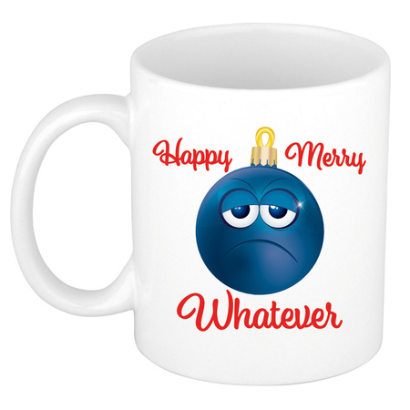 Happy Merry whatever gift Christmas mug grumpy blue Christmas bauble 300 ml