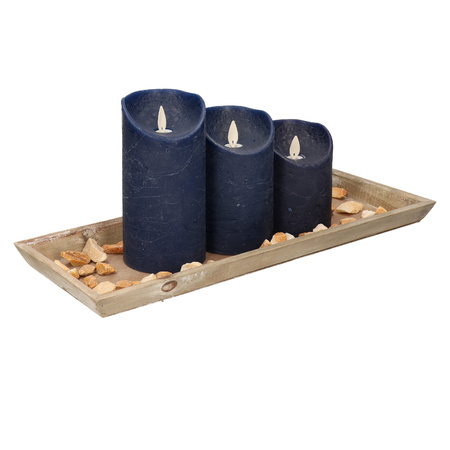 Wooden tray with stones and 3 LED candles in dark blue colour 39 x 15 cm