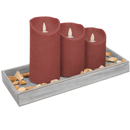 Wooden tray with stones and 3 LED candles in pink colour 14 x 40 cm
