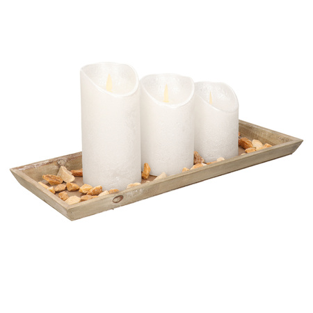 Wooden tray with stones and 3 LED candles in white colour 39 x 15 cm