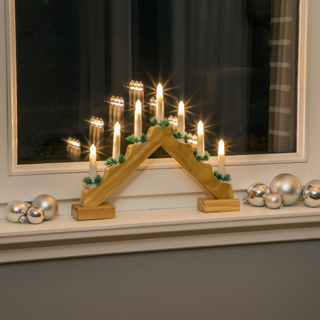 Houten kaarsenbrug met LED verlichting wit 7 lampjes 42 cm