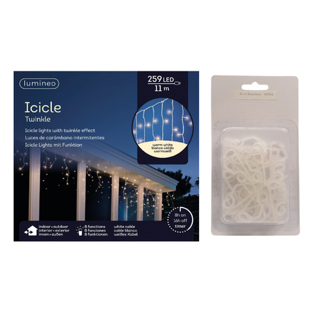 Christmas lights LED warm white icicle 259 lights with 24x gutter hanging hooks
