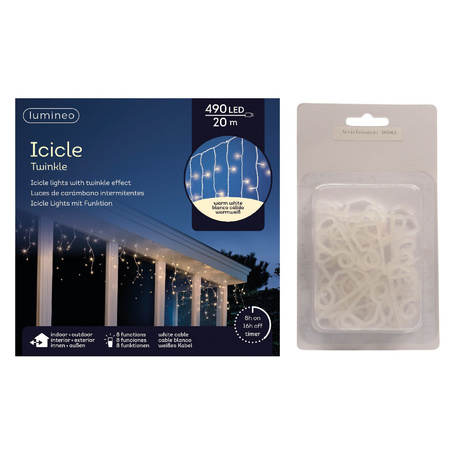 Christmas lights Led warm white icicle 490 leds with 24x gutter hanging hooks
