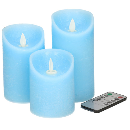Kaarsen set van 3x stuks LED stompkaarsen blauw met afstandsbediening