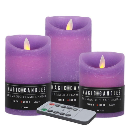 Kaarsen set van 3x stuks LED stompkaarsen lavendel paars met afstandsbediening
