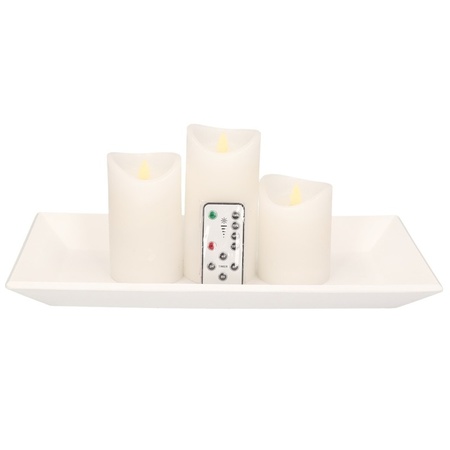 Houten kaarsenonderbord/plateau met LED kaarsen set 3 stuks wit