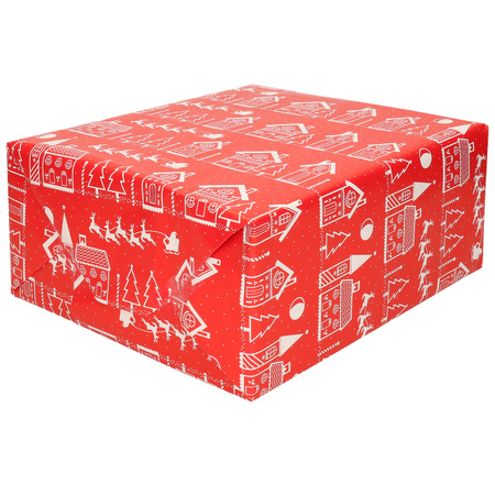 Christmas wrapping/gift paper red with houses 200 x 70 cm