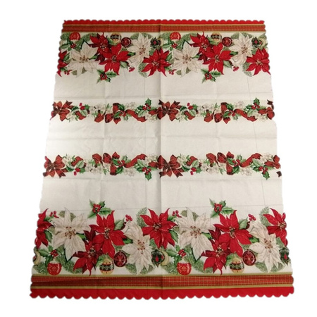 Kerst thema print tafelkleed van 150 x 220 cm - Kerstbloemen print in ecru/groen/rood