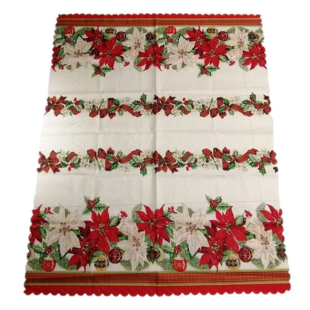 Kerst thema print tafelkleed van 150 x 250 cm - Kerstbloemen print in ecru/groen/rood
