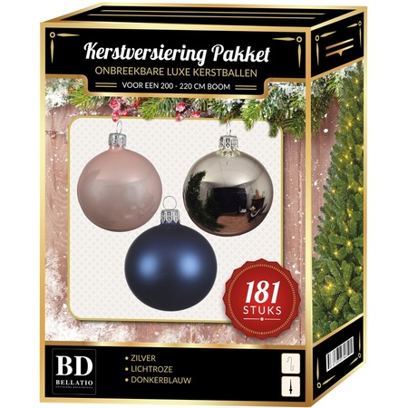 Zilveren/roze/blauwe kerstballen pakket 181-delig voor 210 cm boom