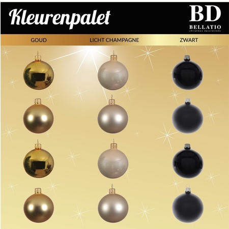 Gouden/champagne/zwarte kerstballen pakket 91-delig voor 150 cm boom