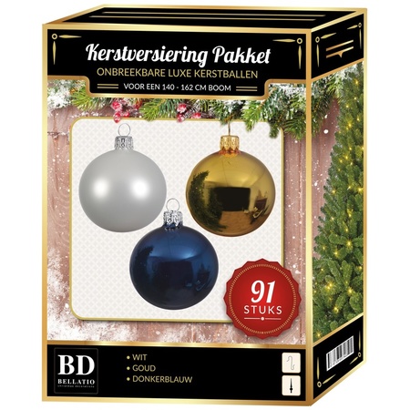 Gouden/witte/donkerblauwe kerstballen pakket 91-delig voor 150 cm boom