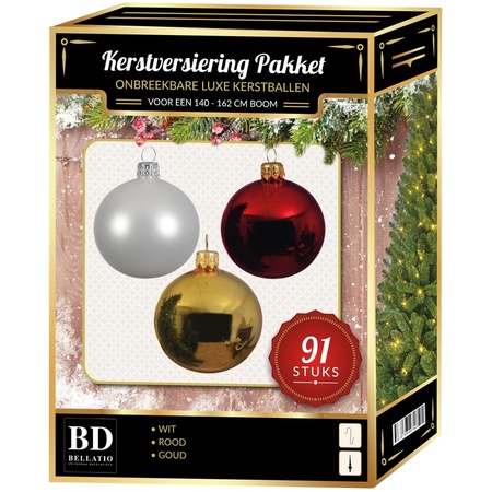 Gouden/witte/kerstrode kerstballen pakket 91-delig voor 150 cm boom