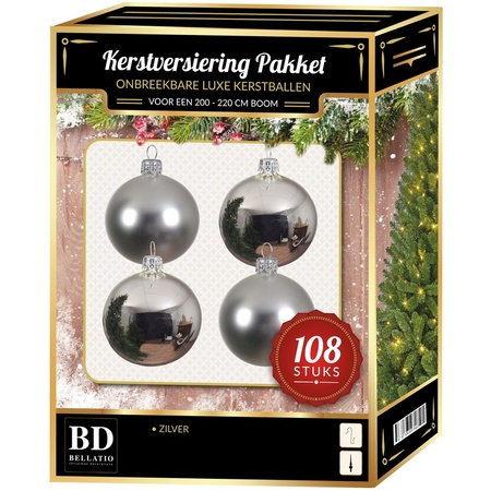 Zilveren kerstballen pakket 108-delig voor 210 cm boom