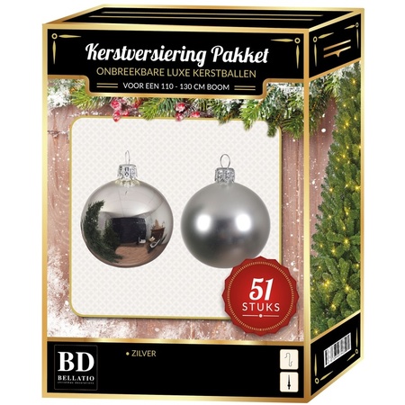 Zilveren kerstballen pakket 51-delig voor 120 cm boom