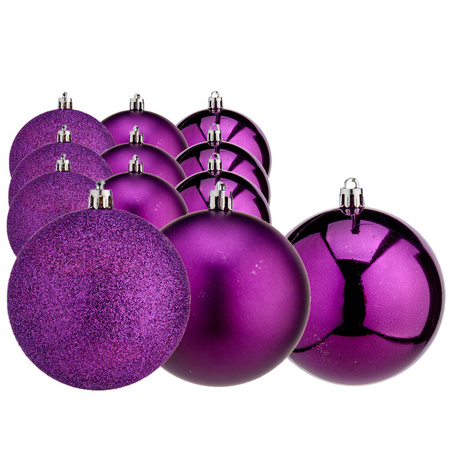 12x pieces christmas baubles purple plastic 8 cm