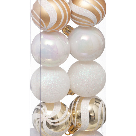 Christmas baubles mix white pearl and gold plastic 4 cm