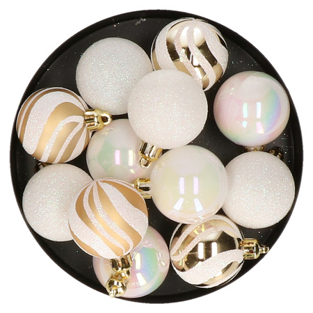 Christmas baubles mix white pearl and gold plastic 4 cm
