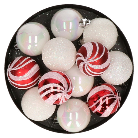 Christmas baubles mix white pearl and red plastic 4 cm