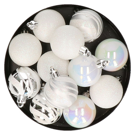 Christmas baubles mix white pearl/silver plastic 4 cm