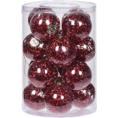 Kerstballen - 16x- transparant met rood glitter - 8 cm - kunststof