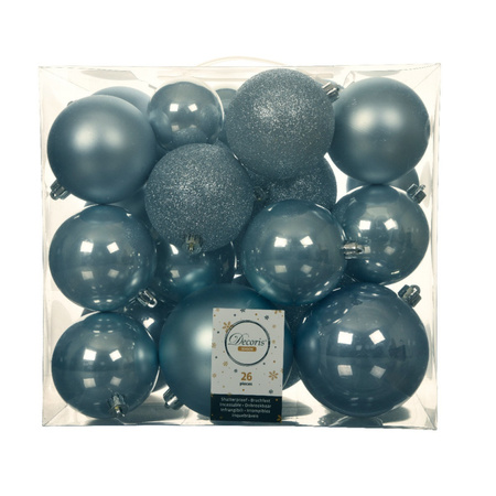 26x Plastic christmas baubles light blue 6-8-10 cm