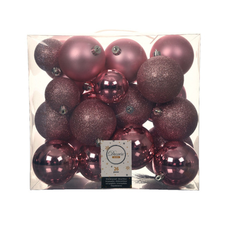 Decoris Kerstballen - 26x st - kunststof - roze - 6-8-10 cm