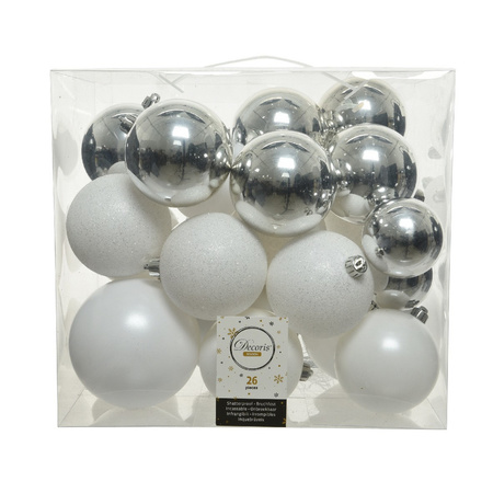 Decoris Kerstballen - 26x st - wit en zilver - 6, 8 en 10 cm - kunststof