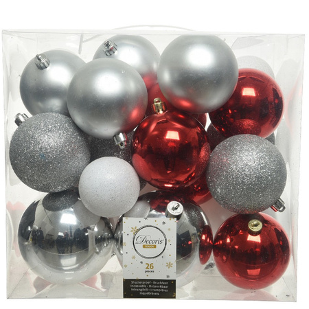 Decoris Kerstballen - 26x st - zilver/rood/wit - 6, 8, 10 cm - kunststof -