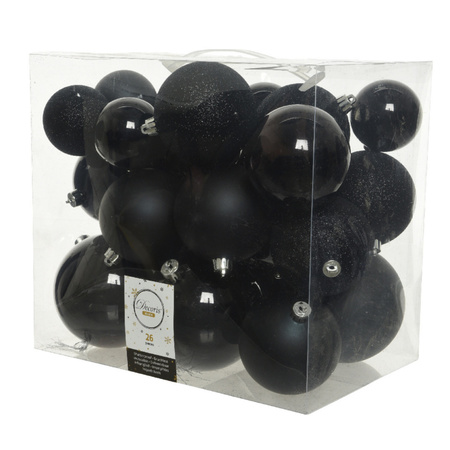Kerstballen - 26x st - zwart - 6, 8 en 10 cm - kunststof