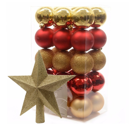 Christmas baubles 30x pcs 6 cm red-gold incl. star topper gold plastic