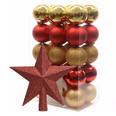 Christmas baubles 30x pcs 6 cm red-gold incl. star topper red plastic