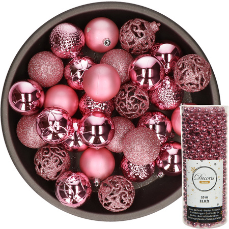 Kerstballen 37x stuks 6 cm incl. kralenslinger 10 m roze kunststof