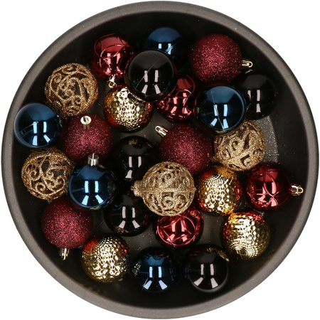 Plastic christmas baubles 36 pieces dark red/gold/dark blue/black 6 cm mix