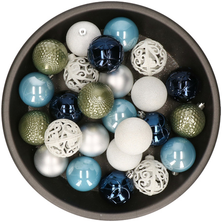 Kerstballen 37x stuks wit/groen/zilver/blauw kunststof 6cm