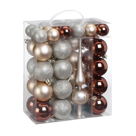47x pcs plastic christmas baubles brown/pearl/silver 4-6 cm with peak
