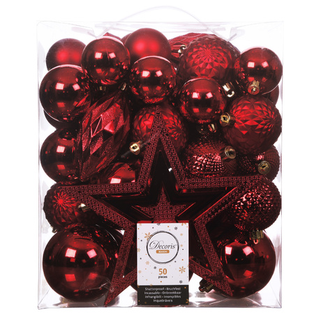Set of 49x pcs plastic christmas baubles with red star tree topper mix