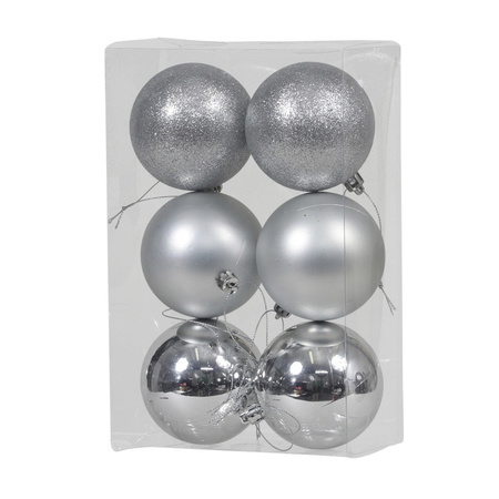 6x Silver Christmas baubles shiny/matt/glitter 8 cm plastic