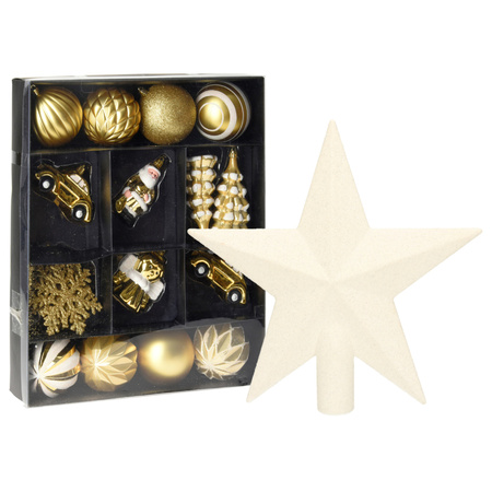 Kerstballen en ornamenten incl. ster piek goud/wit kunststof