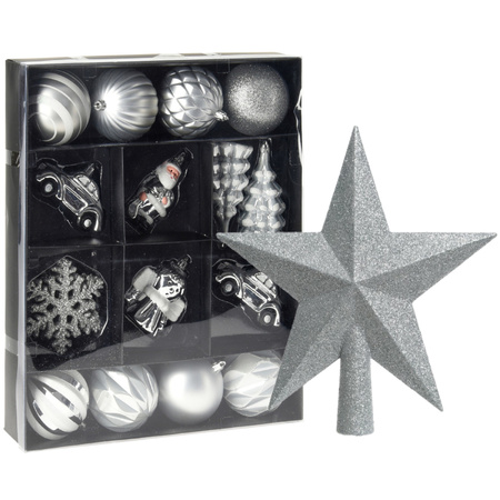 Christmas baubles, ornaments and star tree topper silver/white plastic