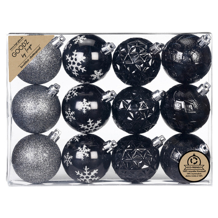 Inge Christmas kerstballen gedecoreerd - 12x - zwart - 6 cm -kunststof