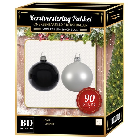 Wit met zwarte kerstballen pakket 90-delig voor 150 cm boom