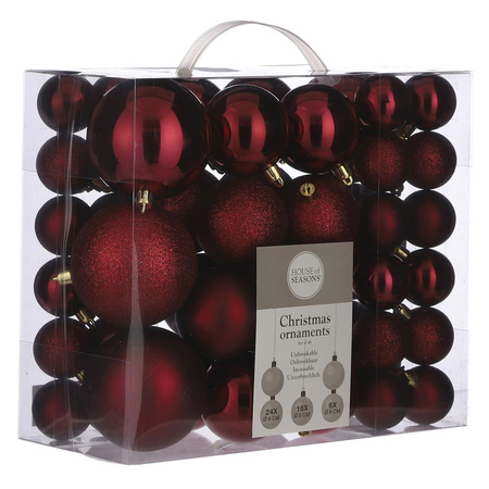 46x pcs plastic christmas baubles dark red 4, 6 and 8 cm including christmas hooks