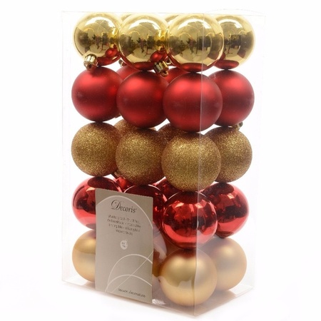 Christmas baubles 30x pcs 6 cm red-gold incl. star topper red plastic