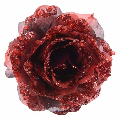 Decoris Kersthanger op clip - roos - donkerrood - bloem - glitter - 14 cm