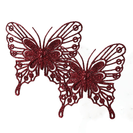 Decoris kerst vlinders op clip - 2x -donkerrood - 13 cm - glitter